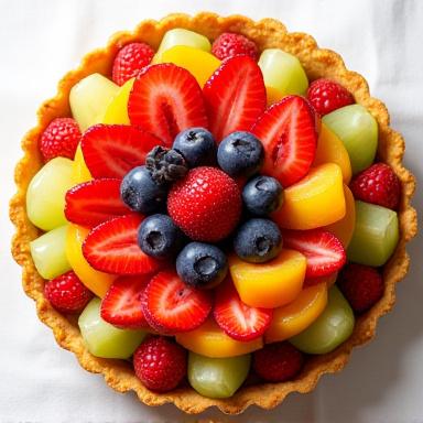 カラフルなフルーツが飾られたタルトケーキ